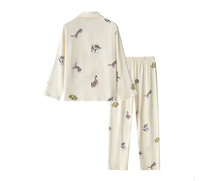 Tiger Printed Pajamas Set for Women Cotton Lapel Long Sleeve Single-breasted Top Lace-up Trouser Outer Wear Women Loungewear Pjs