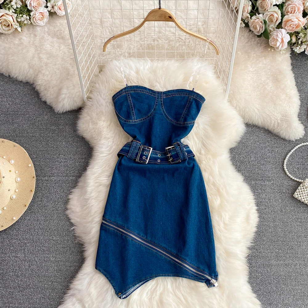 

Women Fashion Denim Dress Witn Belt 2023 New Summer Spaghetti Strap Chic Zip Irregular Vintage Sexy Slim Blue Vestidos
