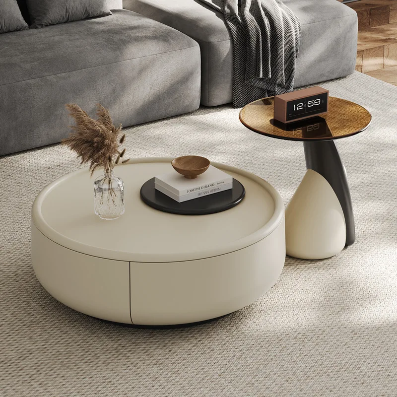 Фото Журнальный столик Wabi Sand Cream Wind Rona для гостиной, малогабаритный, из массива дерева, круглый, 2025 Новая комбинация №1
