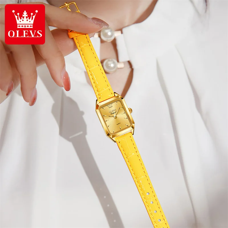 OLEVS 2023 New Classic Luxury Ladies Simple Square Quartz Watch Top Brand Casual Fashion Waterproof Gold Yellow Women Watches