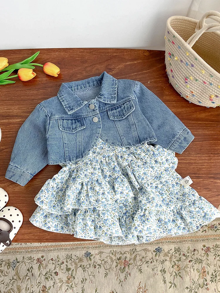 

Girls Fashion 2 Pieces Suits Autumn New Long Sleeve Denim Coats+Sweet Floral Spaghetti Strap Dress Sets Casual Kids Outfit
