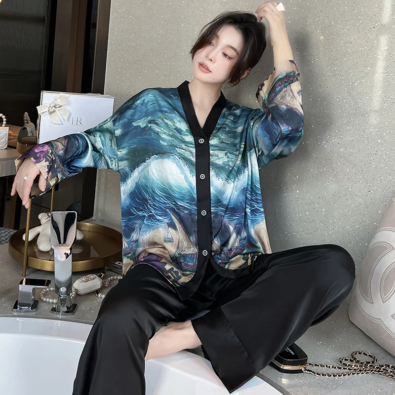Lisacmvpnel 2022 New Spring Pajamas Women's Ice Silk Long Sleeve Suit Court Style Ice Silk Large Home Clothes