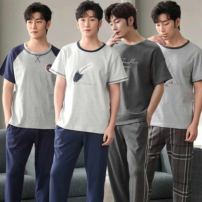 2022 Spring Plus Size Short Sleeve Long Pants Cotton Pajama Sets for Men Korean Sleepwear Suit Pyjama Male Homewear Home Clothes
