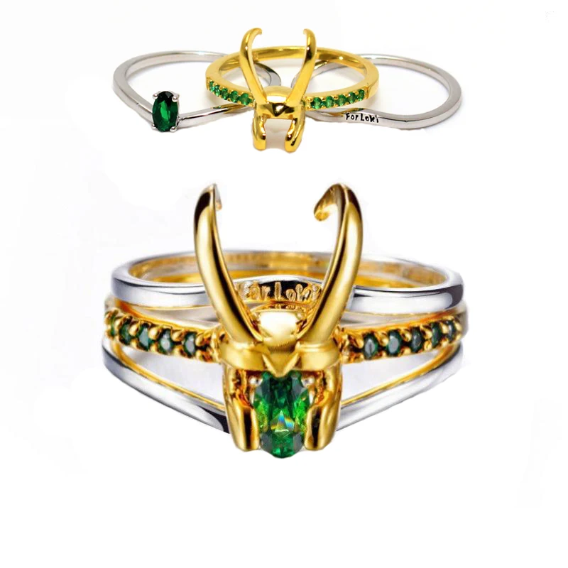 

Trendy Three-In-One Thor Loki Horns Helmet Rings Set for Women Men Green Zircon Accessories Superhero Cosplay Props Jewelry Gift