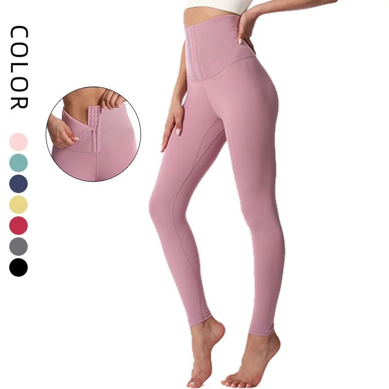

Women Nake Feeling Elastic Yoga Legging Tight High Waist Multi Double-breasted Tummy Control Sports Fitness Pants