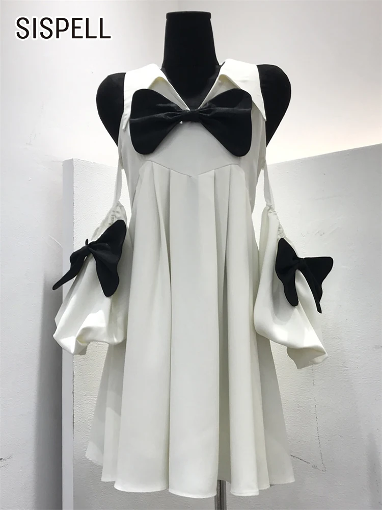 

SISPELL Spliced Bows Off Shoulder Dresses For Women V Neck Lantern Sleeve High Waist Folds Loose Mini Dress Female New Clothing