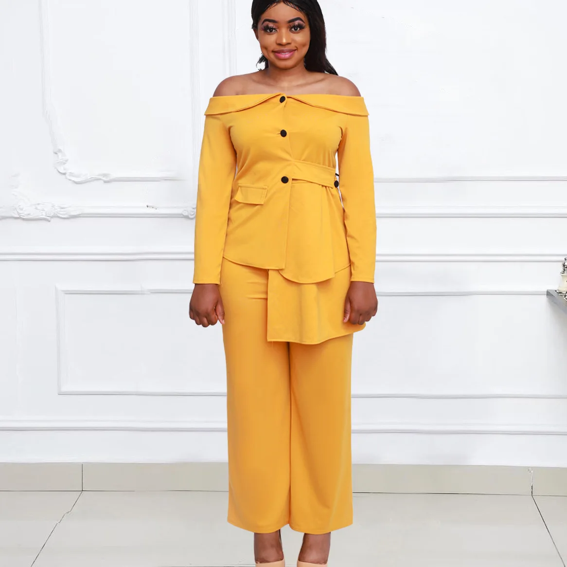 

Spring Autumn 2022 African Women Long Sleeve Yellow White Polyester 2 Pieces Sets Top +Long Pant African Suit African Clothes