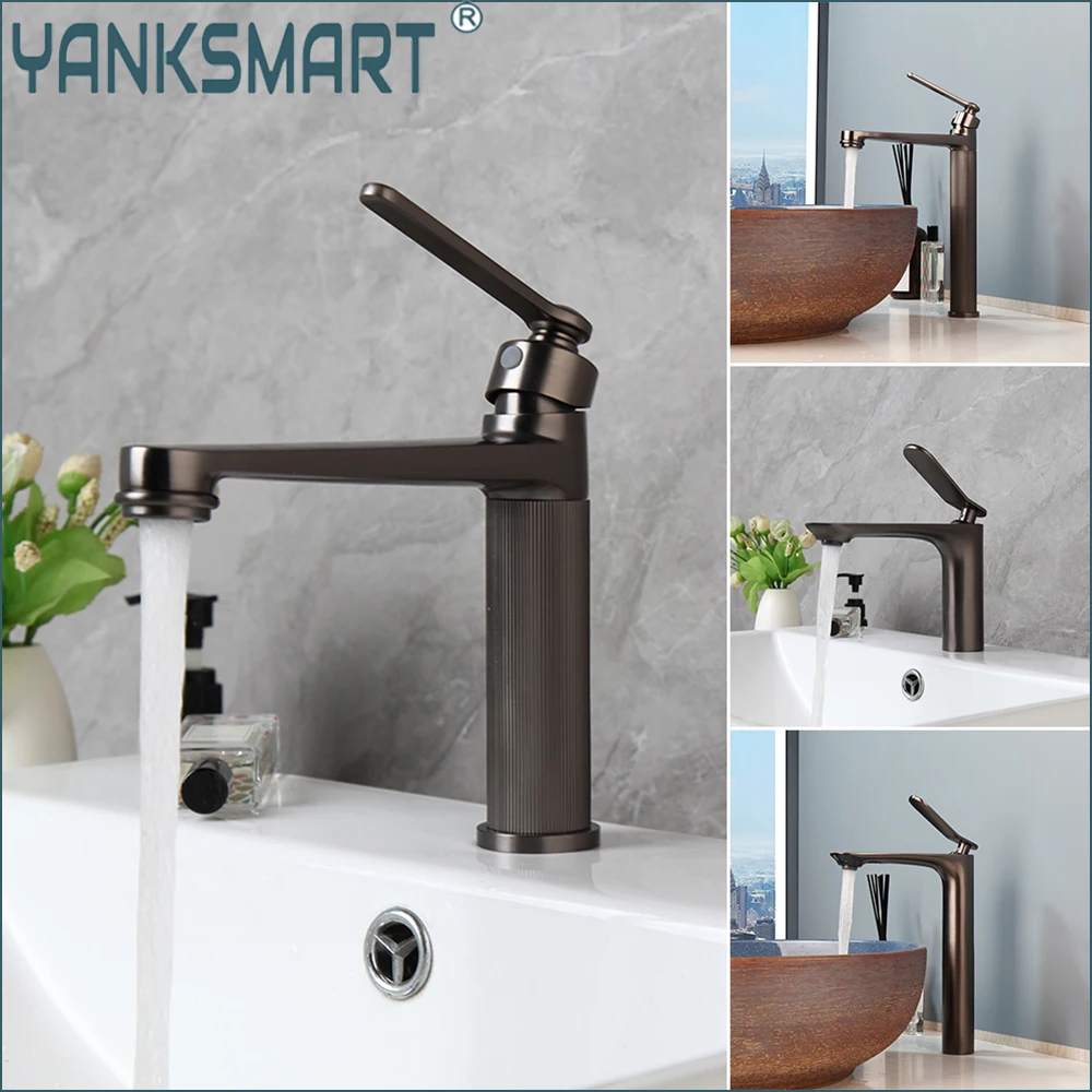 

YANKSMART Gun Brushed Bathroom Faucet Bathtub Vanity Basin Sink Mixer Tap Deck Mounted Washbasin Faucets Hot Cold Water Tap