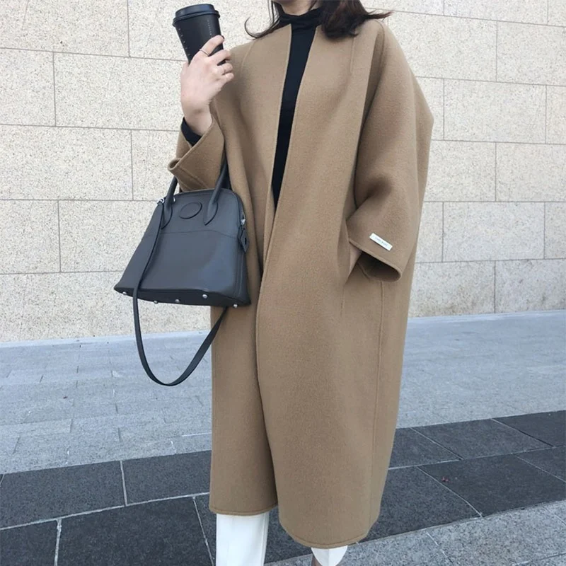 

2022 Autumn and Winter New Korean Style Fashion Temperament Woolen Coat Women's Lengthened Solid Color Straight Coat Trendy