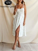 newasia floral print dress cut out split spaghetti strap tie up high waist a line zipper midi white dress woman sweet party robe