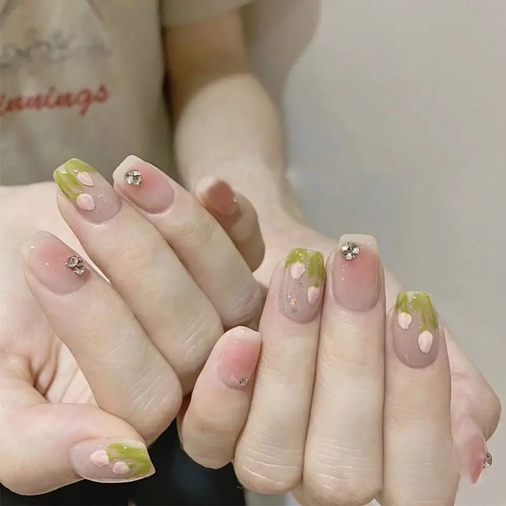 

24pcs DIY Manicure Full Cover Crystal Flower Fake Nails Square Short French