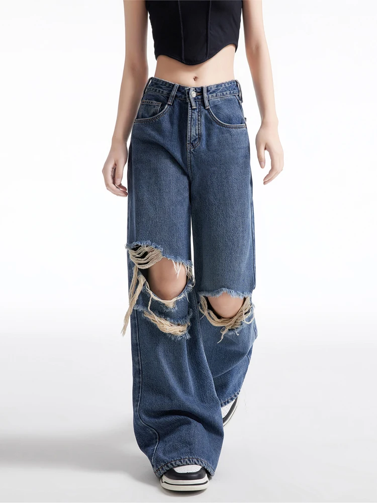 Autumn and Winter 2023 New Jeans Women's Loose Wide-Leg Pants Blue with Holes Washed Slim Slimming High Simple Trousers
