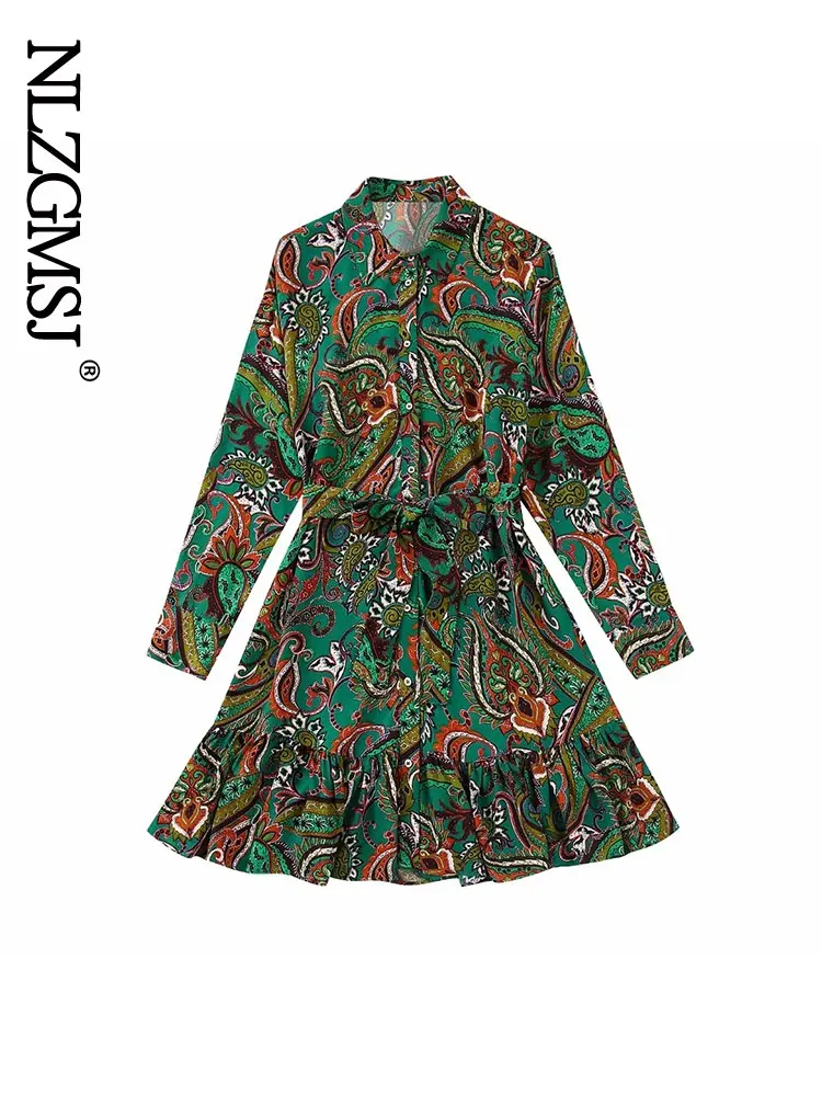 

Nlzgmsj Women Vintage Paisley Floral Print Hem Pleat Ruffles Mini Shirt Dress Office Lady Chic Breasted Sashes Vestidos