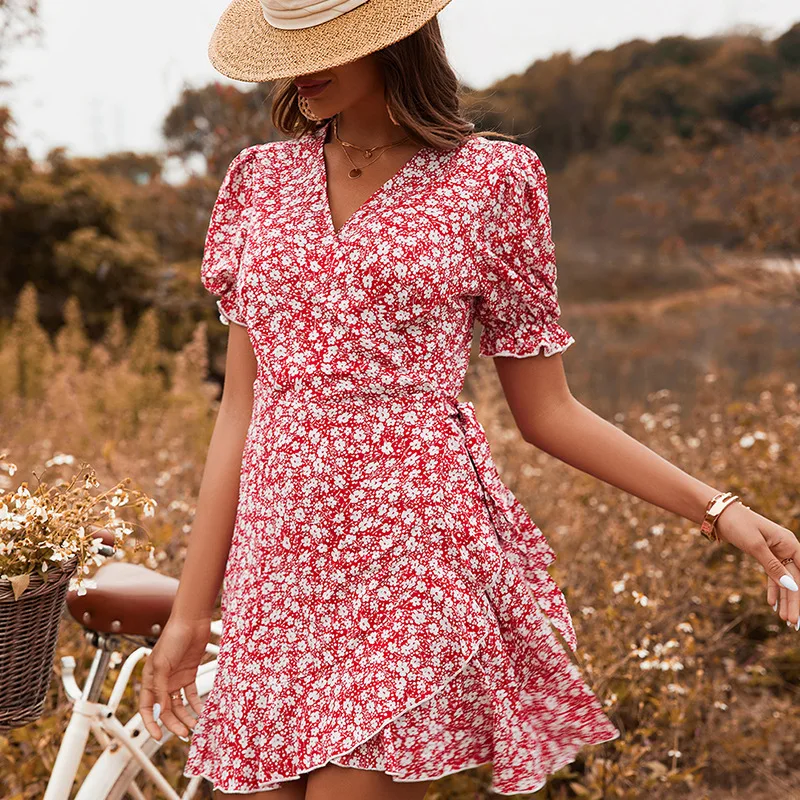 

Women's Trendy Mini Dresses Printing V-Neck Short Puff Sleeves High Waist Women Ruffled A-Line Mini Dress Summer 2022
