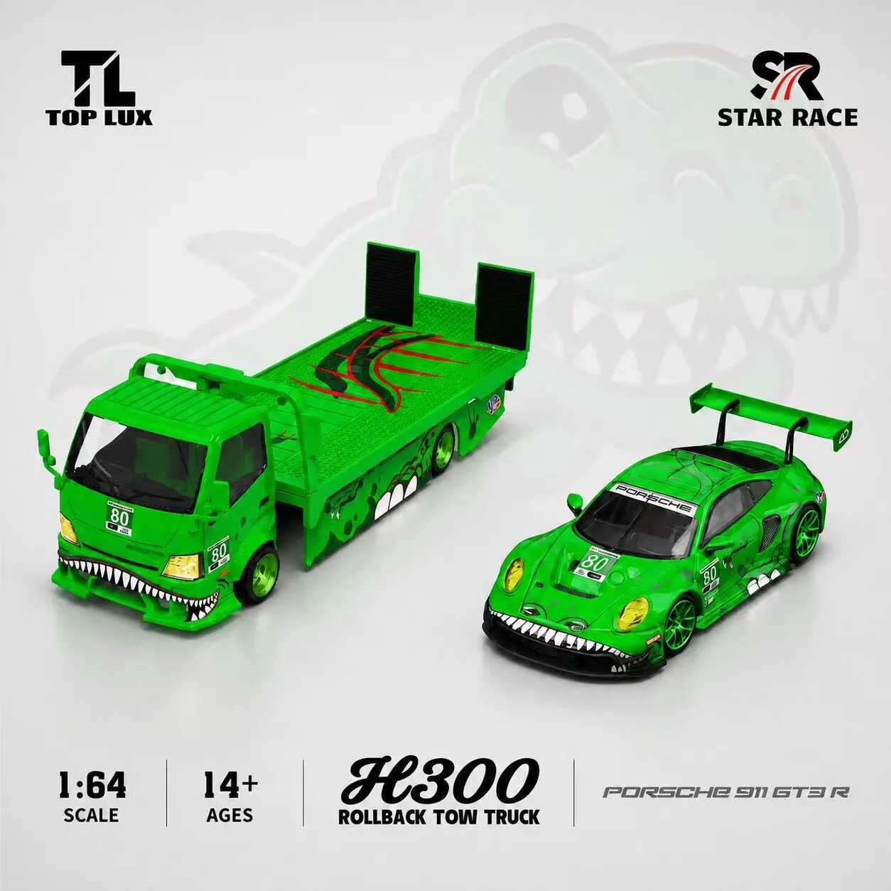 Фото Новый эвакуатор TOP LUX TL 1/64 H300 Rollback LBWK Porsche 911 GT3 R # 80 розово-зеленых моделей машинок-динозавров из сплава, литые игрушки №5