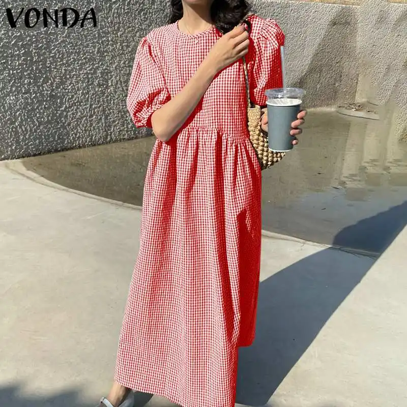 

VONDA Bohemian Plaid Maxi Dress Women Short Puff Sleeve Vintage Long Sundress 2022 Summer Casual Pleated Checked Beach Vestidos
