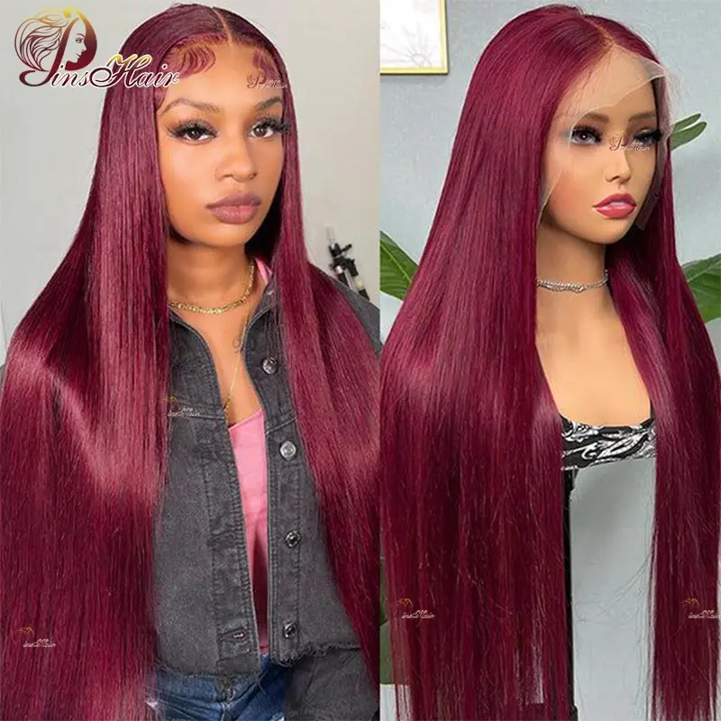 13x4 Transparent Lace Front Human Hair Wigs Burgundy Red Straight Lace Front Wig Remy Human Hair For Woman 180%