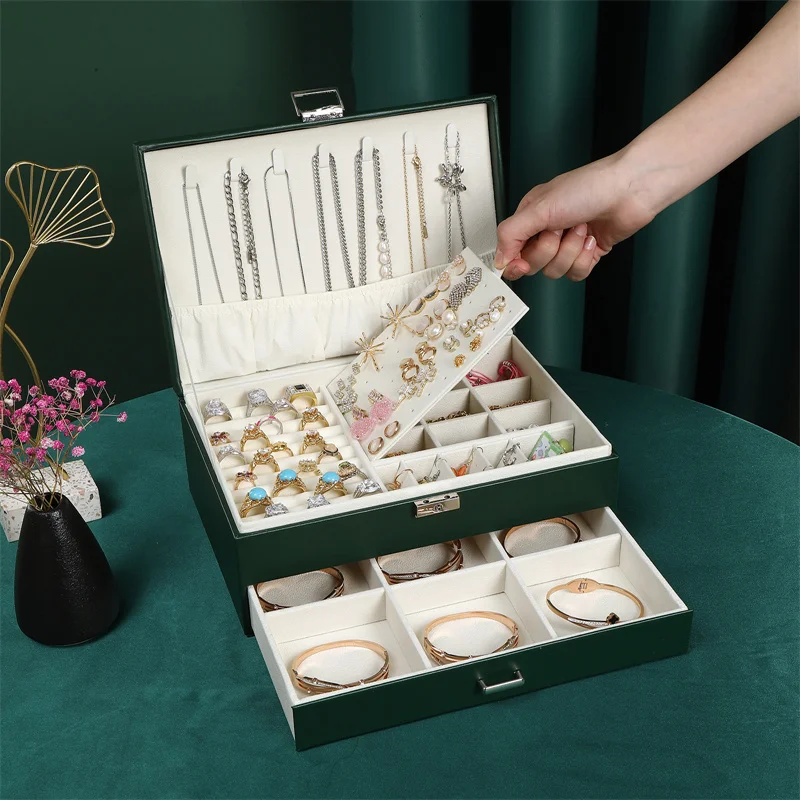 WEJEBOX New 2023 Green Exquisite Leather Jewelry Box for Women Travel Jewelry Organizer Necklace Earring Ring Storage Box gifts