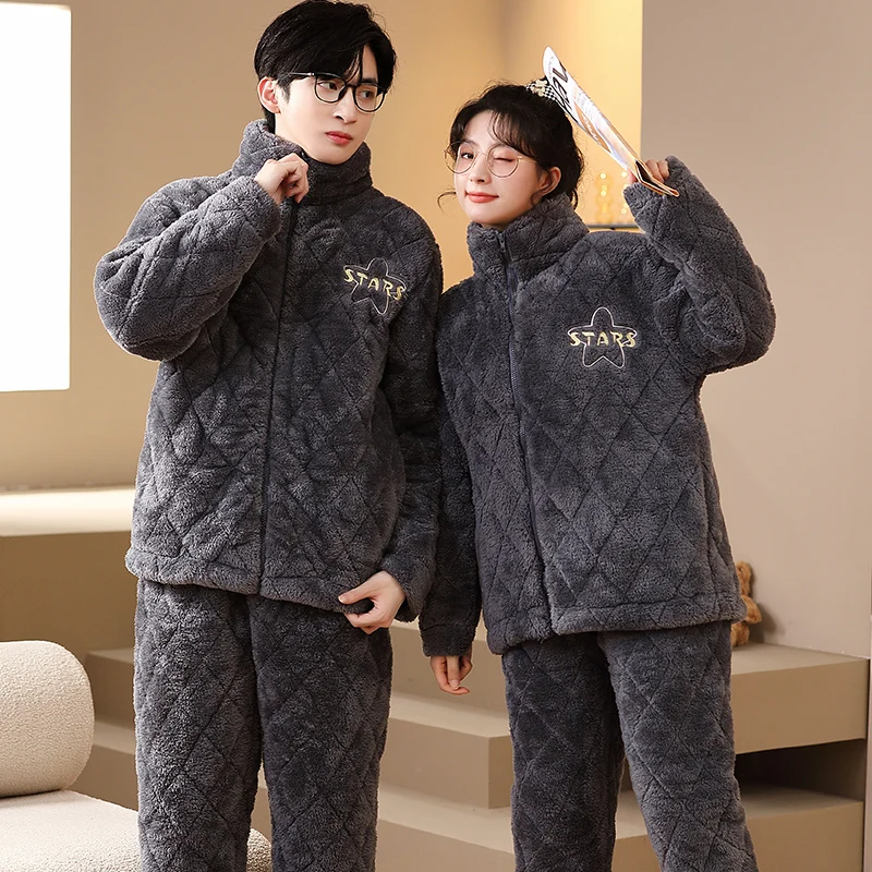 Couple pajamas set winter pijama thick three-layers cotton pyjama ladies casual sleepwear men pijama