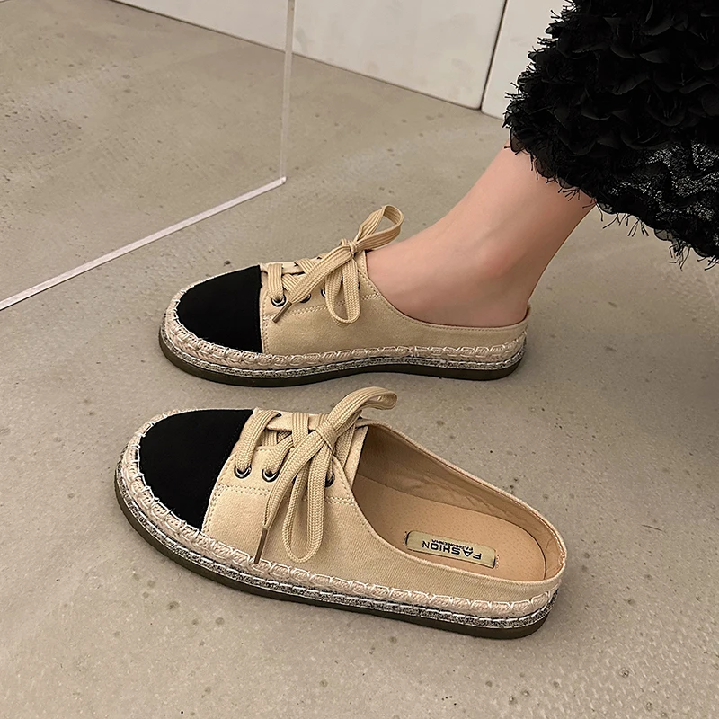 

Slippers Casual Low Shoes Woman 2023 Pantofle Cover Toe Luxury Flat New Cotton Fabric Rubber Slides Fisherman PU Cross-tied