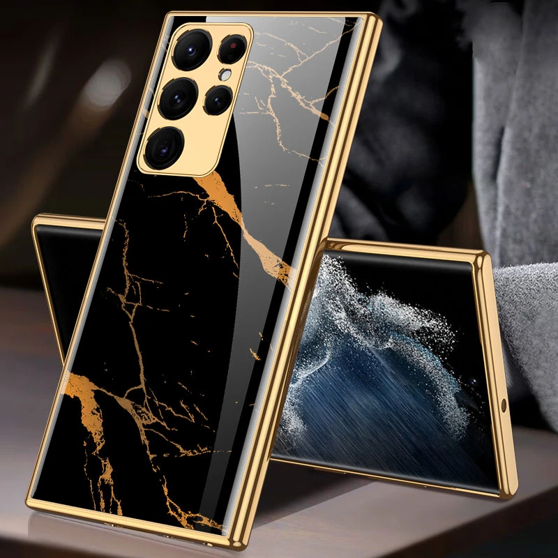

Case For Samsung Galaxy S22 Ultra 5G Case Tempered Glass Plating Soft TPU Frame Hard Glass Case for S22 Plus S22 5G