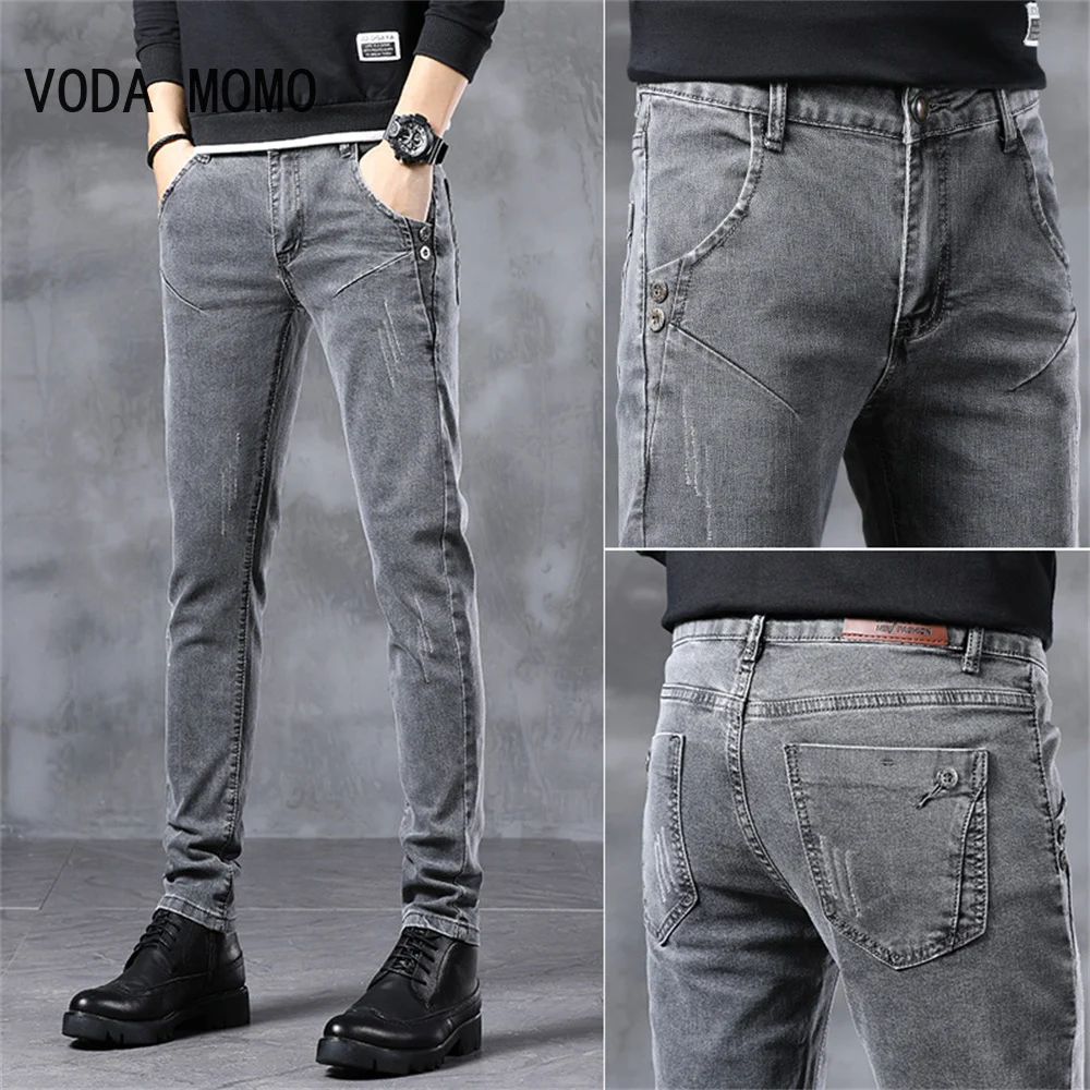 Trendy Men Clothing Slim Button Black Jeans Solid Color Stretch Skateboard Multi-button Youth Male Skinny Denim Pants