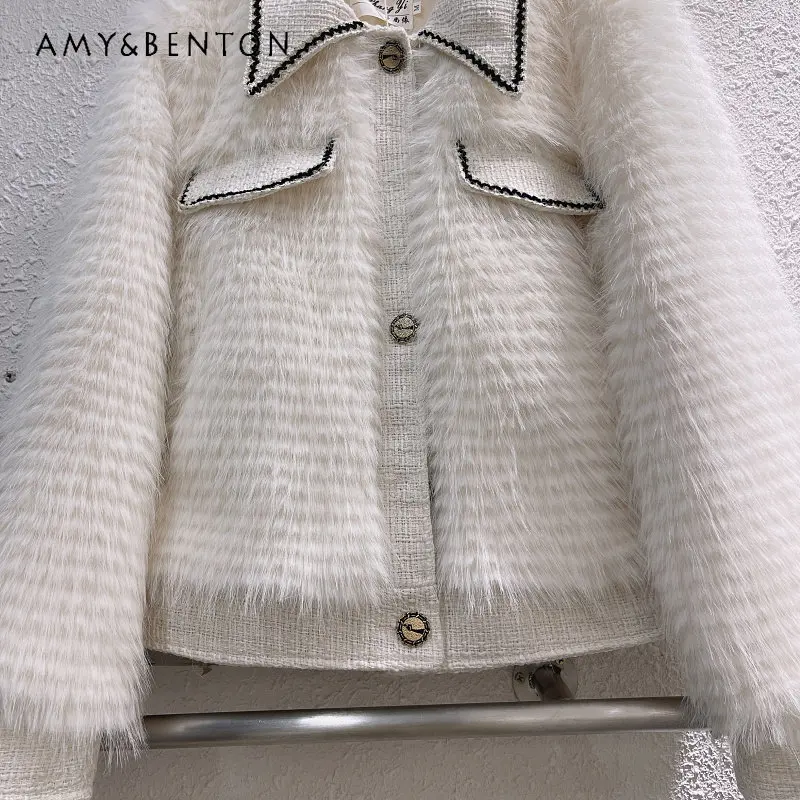 Autumn and Winter Woolen Patchwork Furry Imitation Coat for Women Small Coat Loose Versatile Short Top Fashion Trend Warm Jacket
