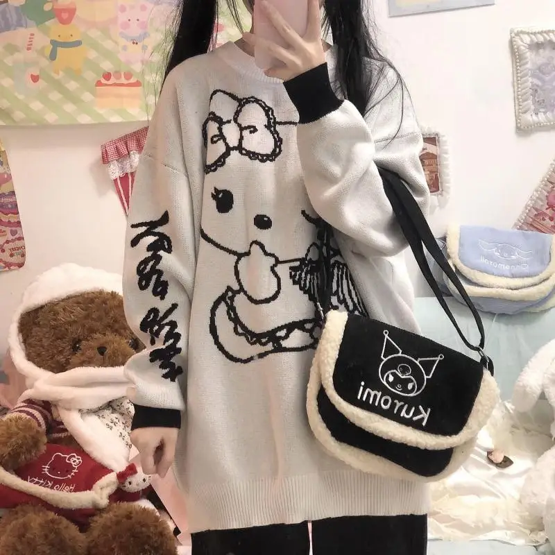 

New Kawaii Cute Sanrio Hello kitty sweater knitting round collar hoodie thicken keep warm be all-match Cute Girl Christmas Gift