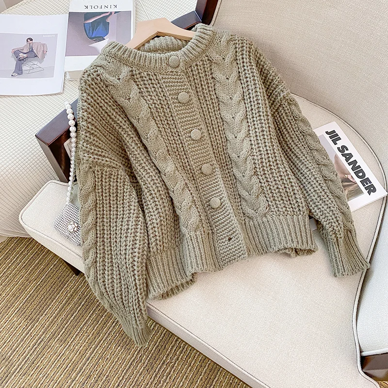 

S 2022 Y2k weater Woman Winter Coat Women's Loose Thickened Solid Twist Round Neck Long Sleeve Chunky Knitting Cardigan 23928