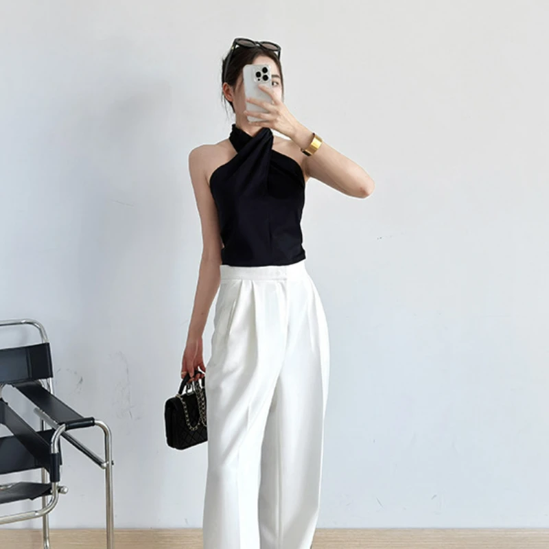 

Black Sleeveless Cropped Halter Vest 2023 Summer Women Tops