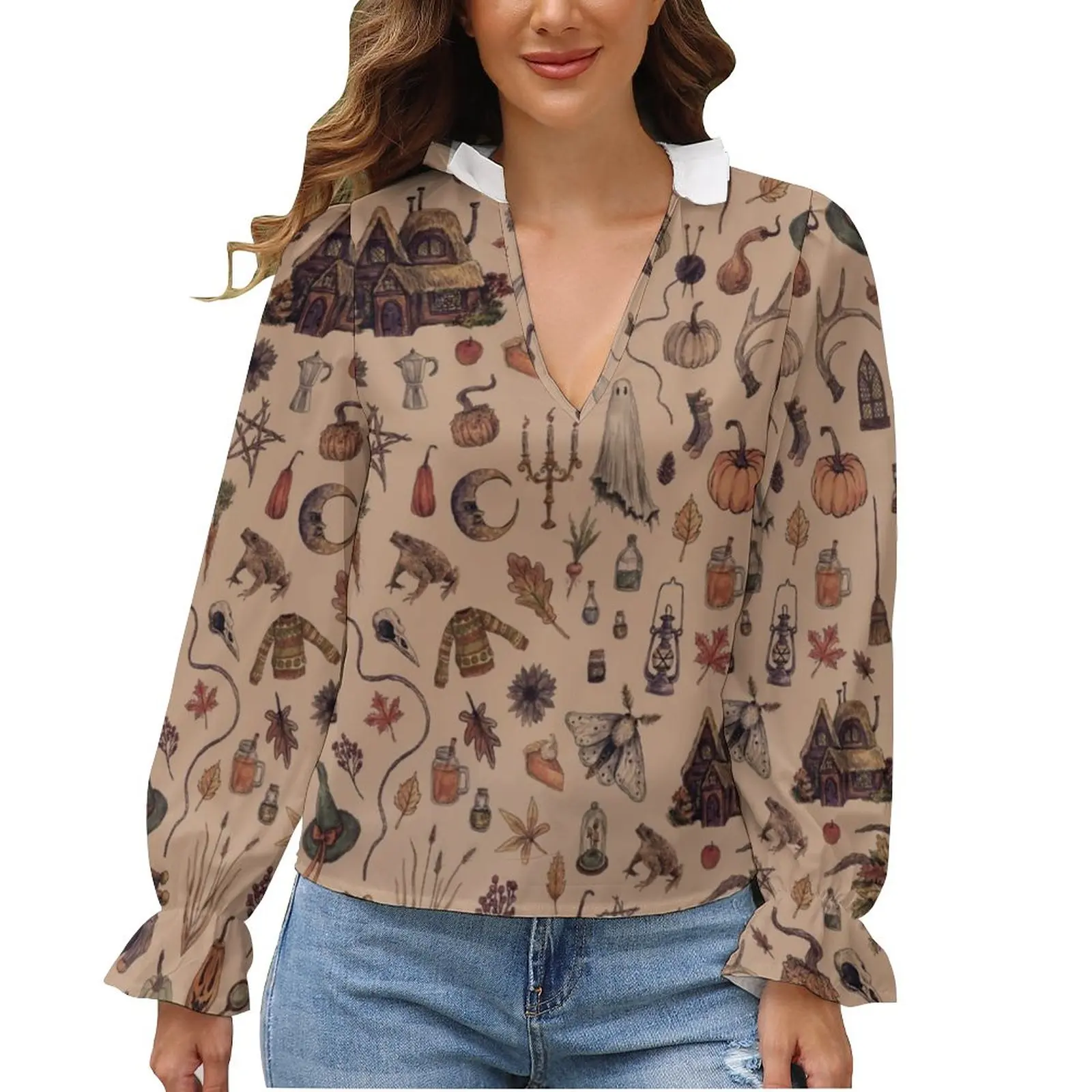 

Halloween Blouse Witch Puffy Long Sleeve Vintage Spring Shirt Girls Fashion Shirts