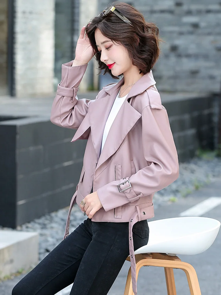 New Spring Autumn Women Leather Jacket 2022 Ladies Suit Collar Solid With Belt Zipper Biker Coat Female Casual Moto Outerwear