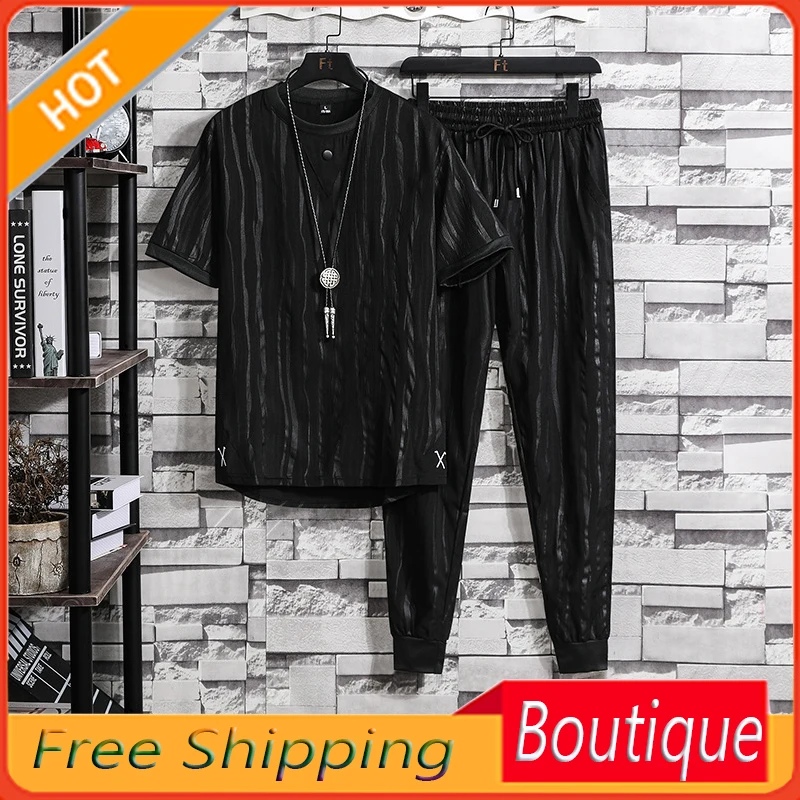 Casual suit summer loose new men's short sleeveTT-shirt pants with drawstring sports fashion clothes men's casual