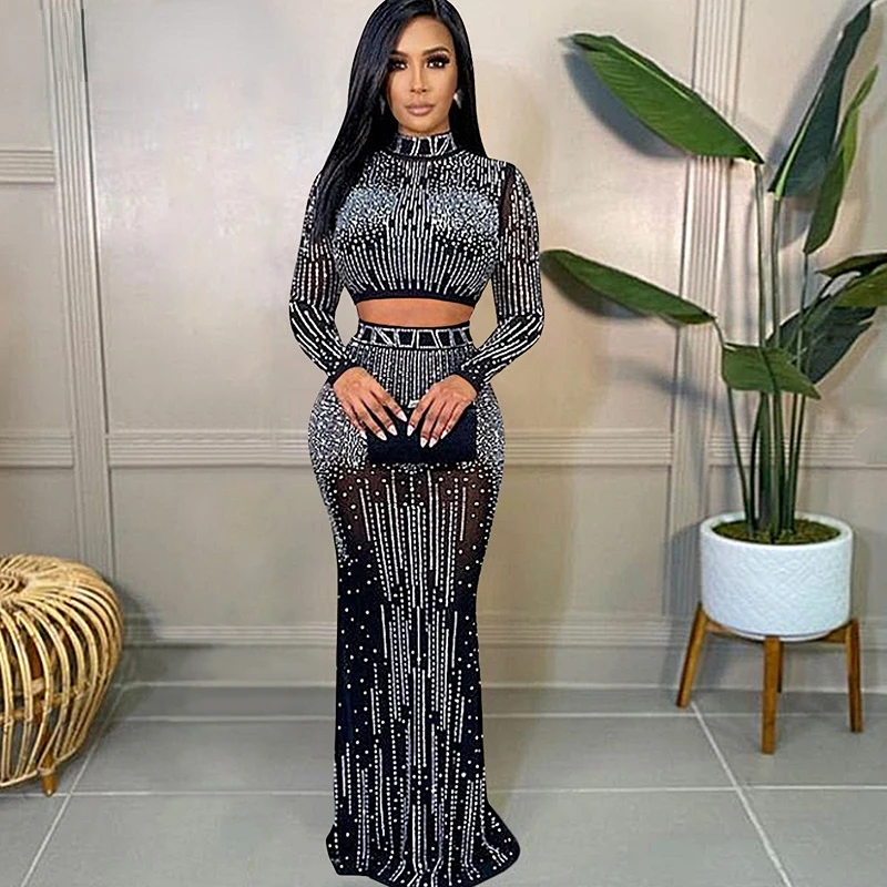 

Kricesseen Sexy Mesh Hot Drilling See Through Skirt Set Women Crystal Long Sleeve Top And Maxi Skirt Suits Clubwear Outfits