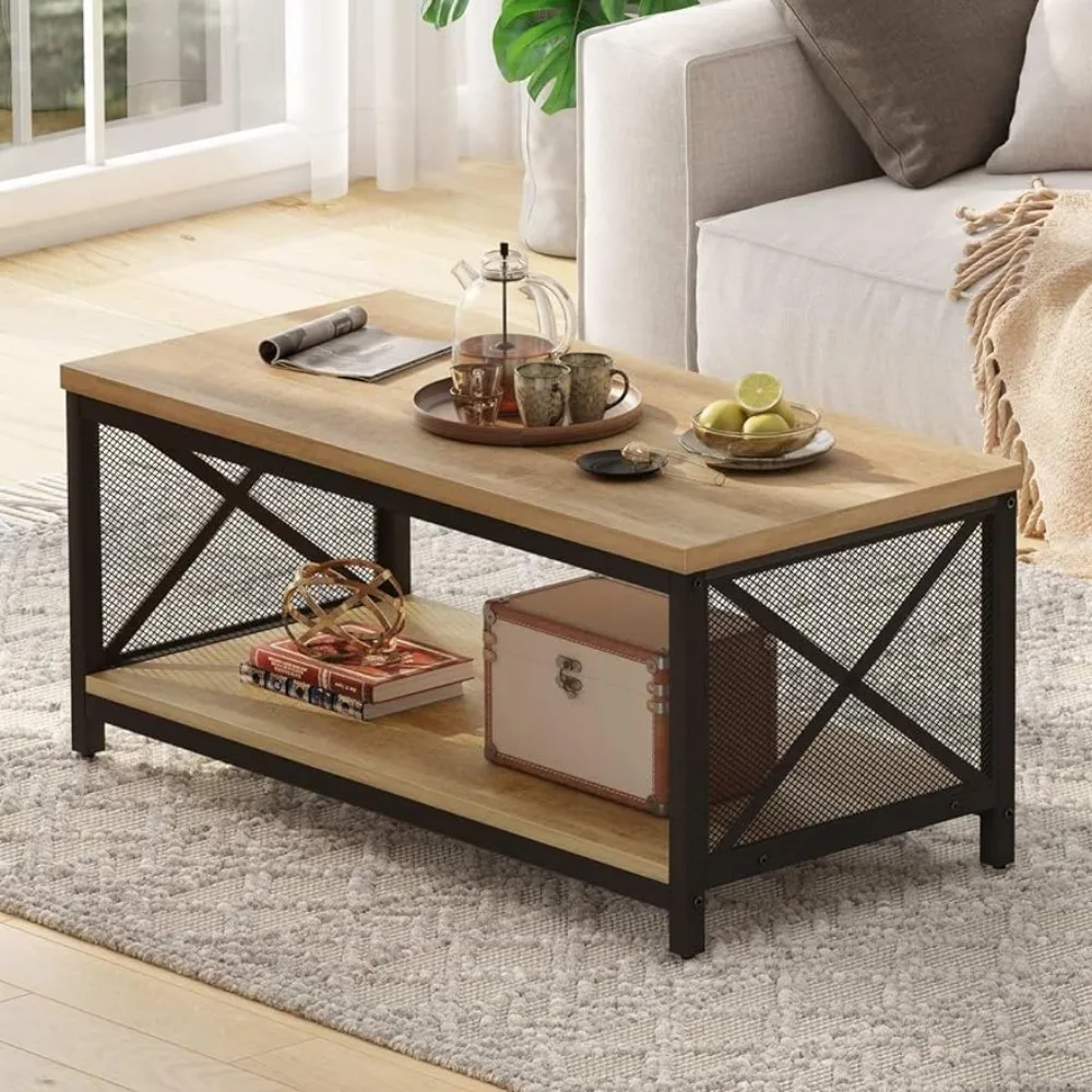 

FATORRI Rustic Coffee Table for Living Room, Industrial Wood Center Tables with Shelf, Farmhouse Rectangle Cocktail Tables