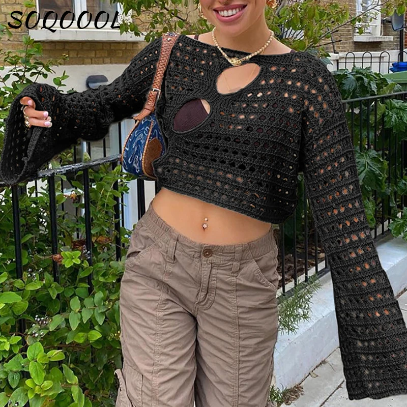 Y2K Укороченный трикотажный топ с вырезами Женский винтажный Свободный пуловер из