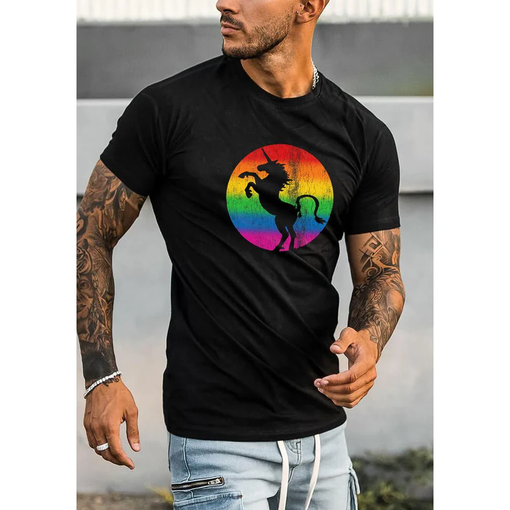 

Badassdude Rainbow Striped Unicorn Printing Men's Casual Fashion T-shirt
