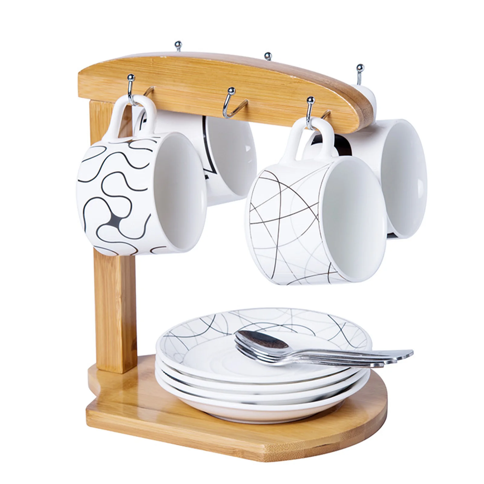 

Bamboo Coffee Cup Holder Mug Rack 6 hooks for Coffee Mugs Saucer Display Holder