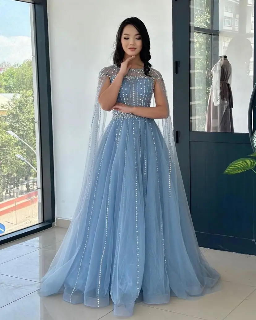 

Santorini Floor Length Tulle Prom Dresses Flutter Sleeves Beaded Luxury Evening Party Gowns Saudi Arabia Women Wear Formal Dress