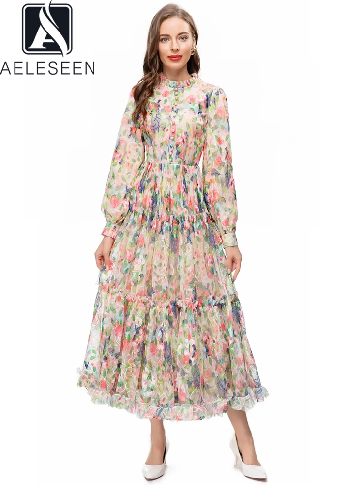 

Женское богемное длинное платье AELESEEN, дизайнерское Элегантное Вечерние с оборками и цветочным принтом, с Сетчатое платье-фонарь рукавами, весна-осень