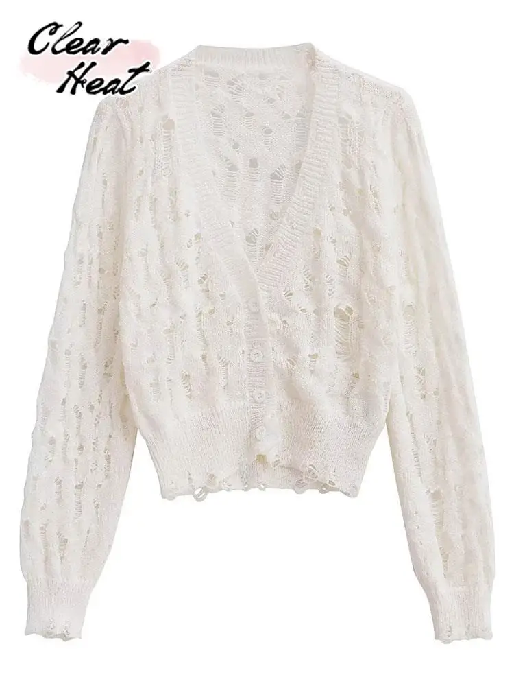 

Casual Knitted Hollow Out Cardigan For Woman Fashion Solid V Neck Button Sweater Tops Autumn Street Long Sleeve Knit Overcoat