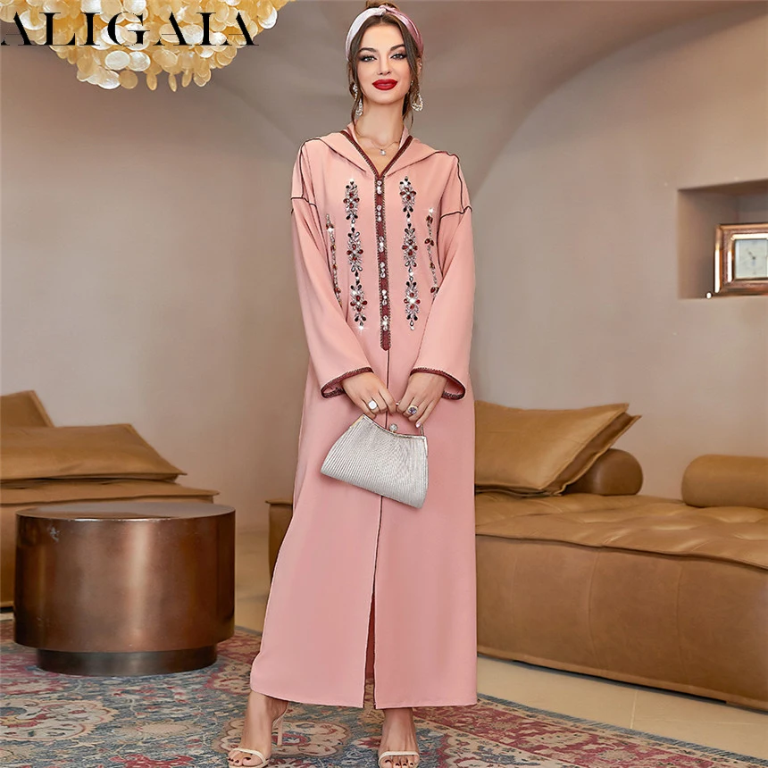 

Платье Aligaia ТРАПЕЦИЕВИДНОЕ женское с капюшоном, Элегантное Длинное Вечернее винтажное повседневное свободное абайя в стиле пэчворк, розово...