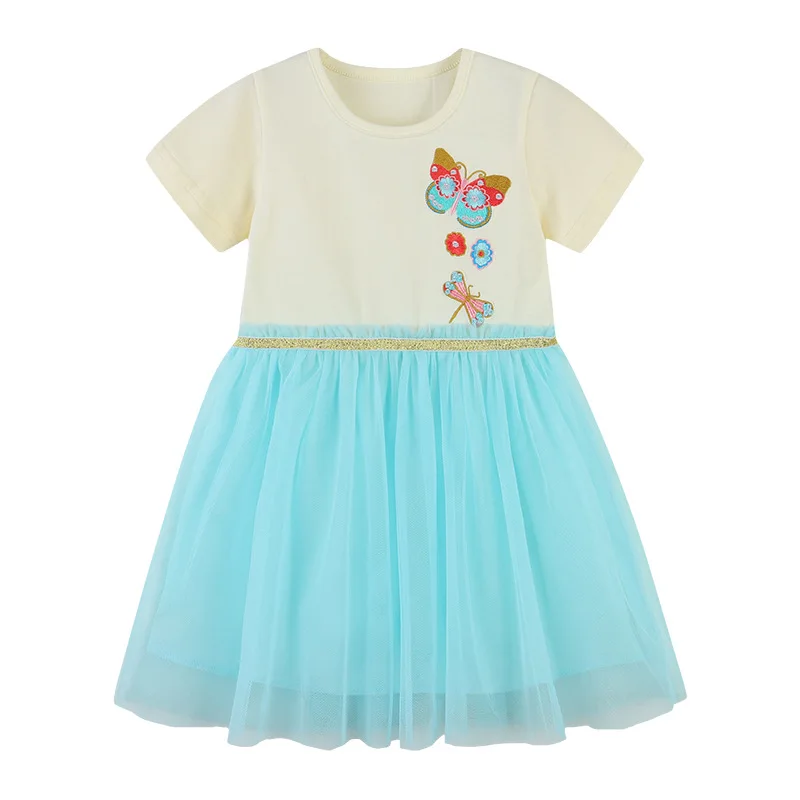 

ALISHINREY 2-7T Princess Dress Summer New Embroidery Butterfly Pretty Children Clothes Cotton Short Sleeve Dress Casual for Kids
