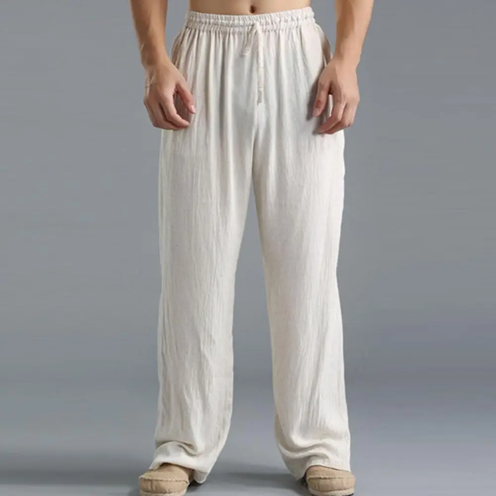 

Hot Men Cotton Linen Trousers Solid Color Elastic Waist Loose Long Trousers Men's Hip-hop Breathable Casual Pants Pantalones