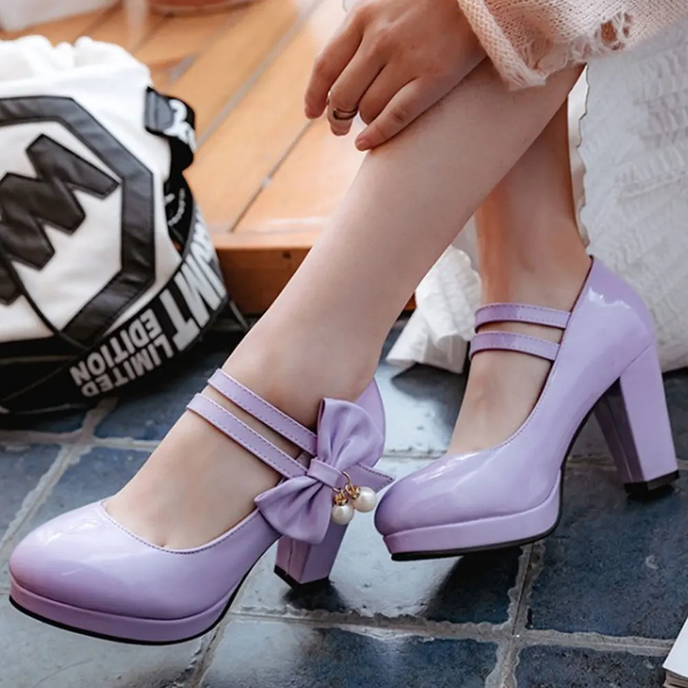 

2021 Elegant High Heels Big Size 43 Sweet Purple Red Pink Black Mary Janes Ladies Princess Bow Tie Footwear Pumps Women Shoes