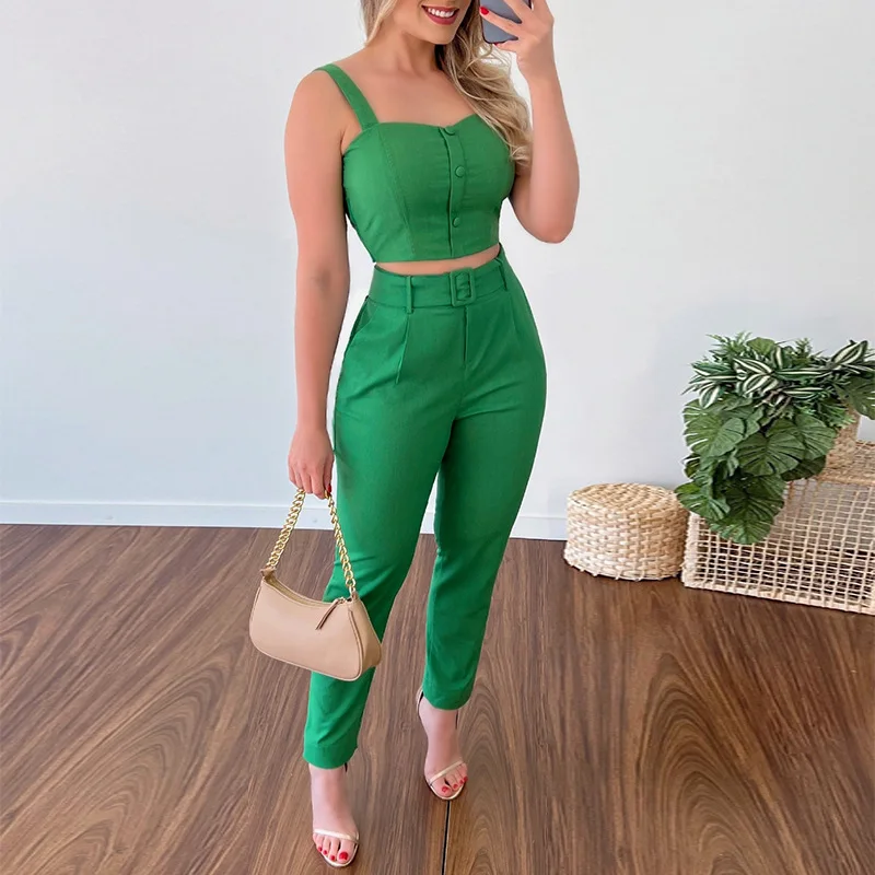 Women's  spring new pants 2-piece set, solid color short section undershirt high waist straight pants fashion casual set wit