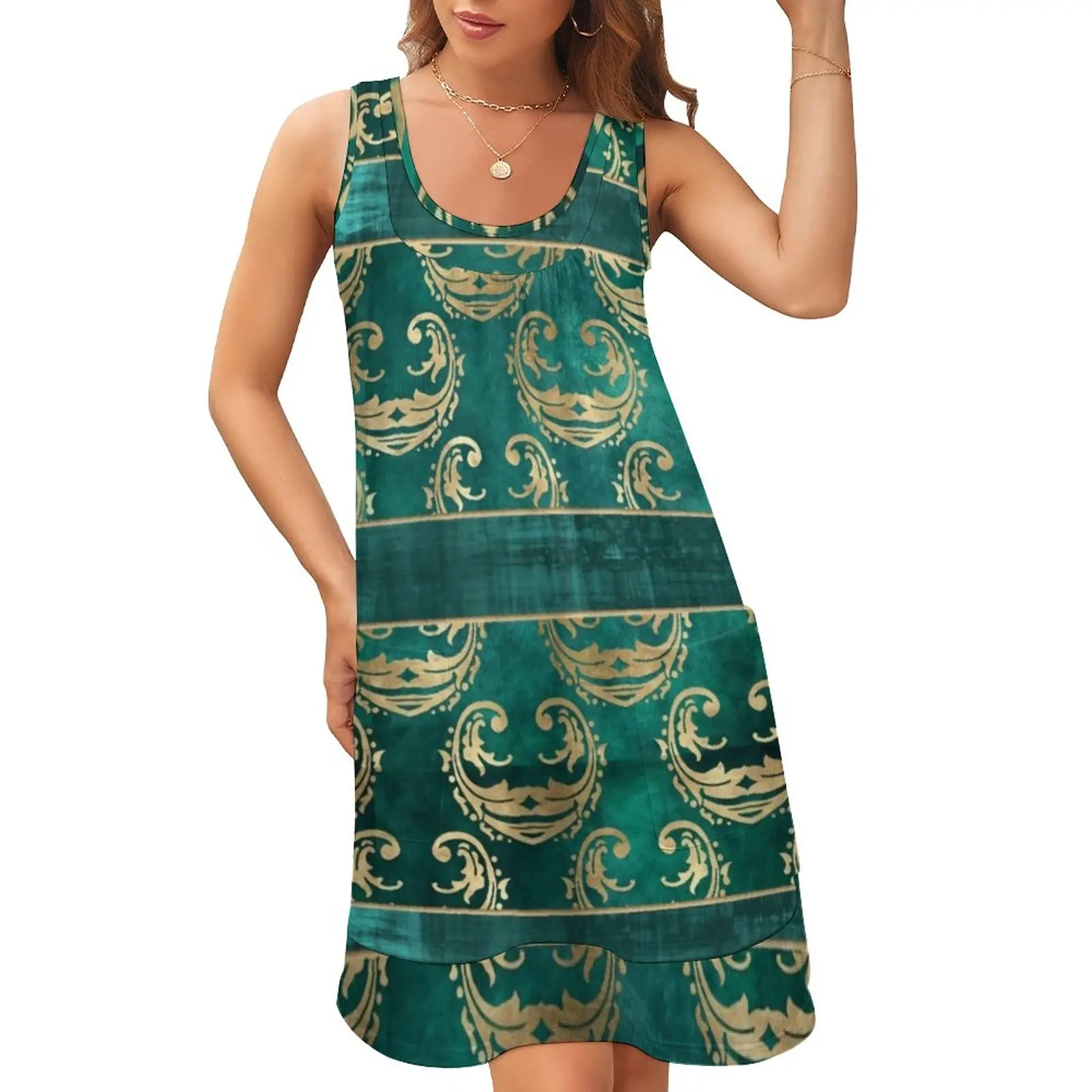 

Retro Baroque Dress Gold Vintage Damask Cute Dresses Spring Simple Oversized Casual Dress Woman Graphic Vestidos