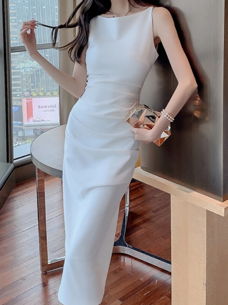 

Women's Summer Spaghetti Strap Elegant Midi White Dress Sleeveless Sexy Bodycon Slim Vestidos Female Fashion Party Clothes