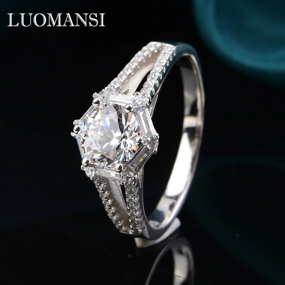 Luomansi S925 Серебряное шестигранное женское кольцо, Муассанит 1CT D VSS, Изящные Ювелирные изделия, Свадебная вечеринка, памятный подарок