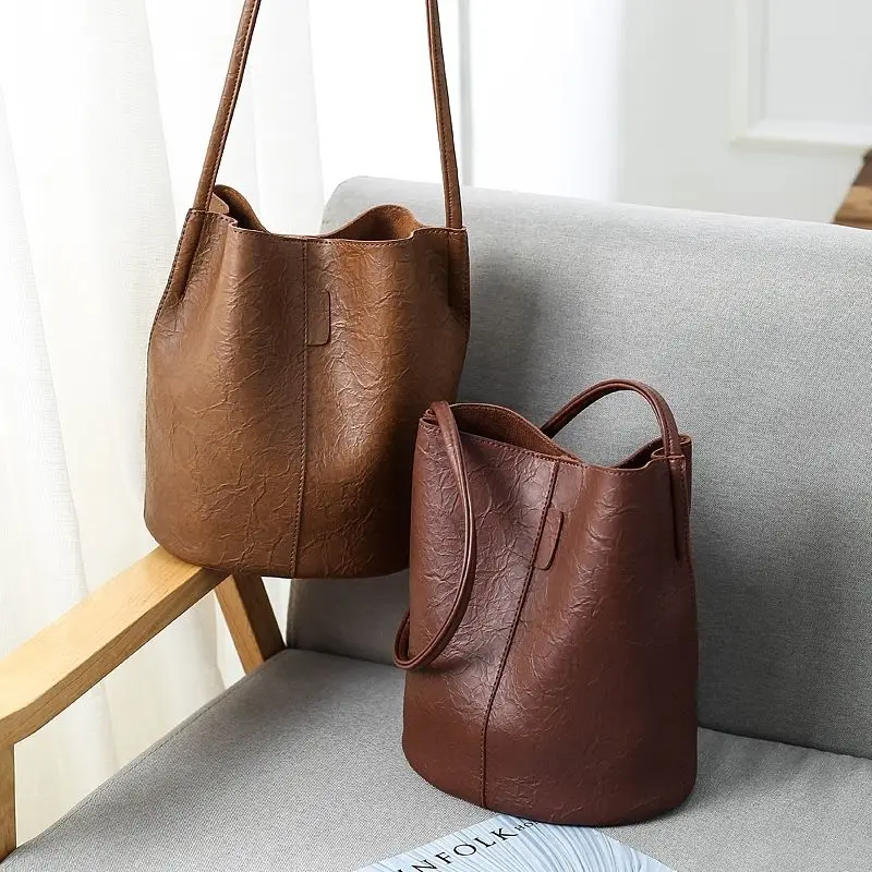 

Brand Designer Handbag Ladies Bucket Bag PU Leather Shoulder Bags Large Capacity Wide Shoulder Strap Crossbody Bags Tote E297